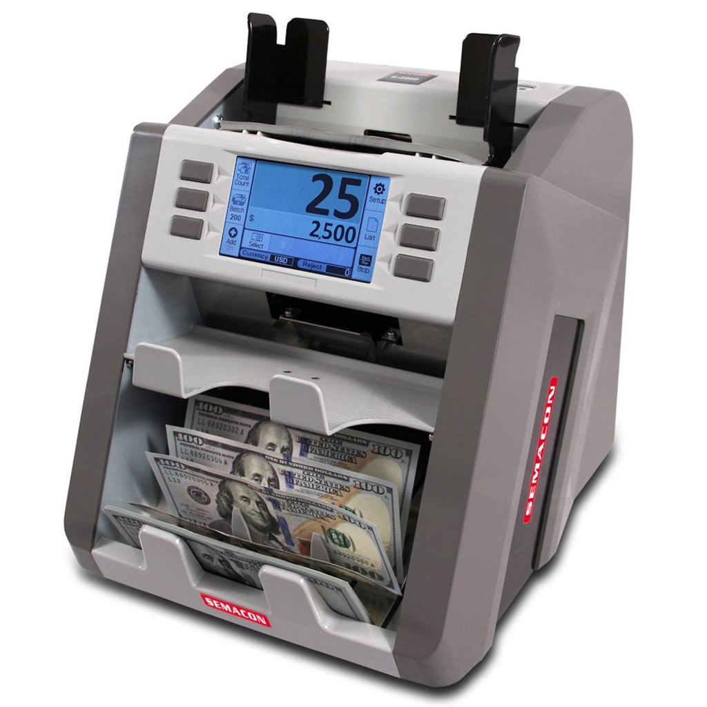 Semacon S-2500 view 1 two-pocket currency discriminator with counterfeit detection