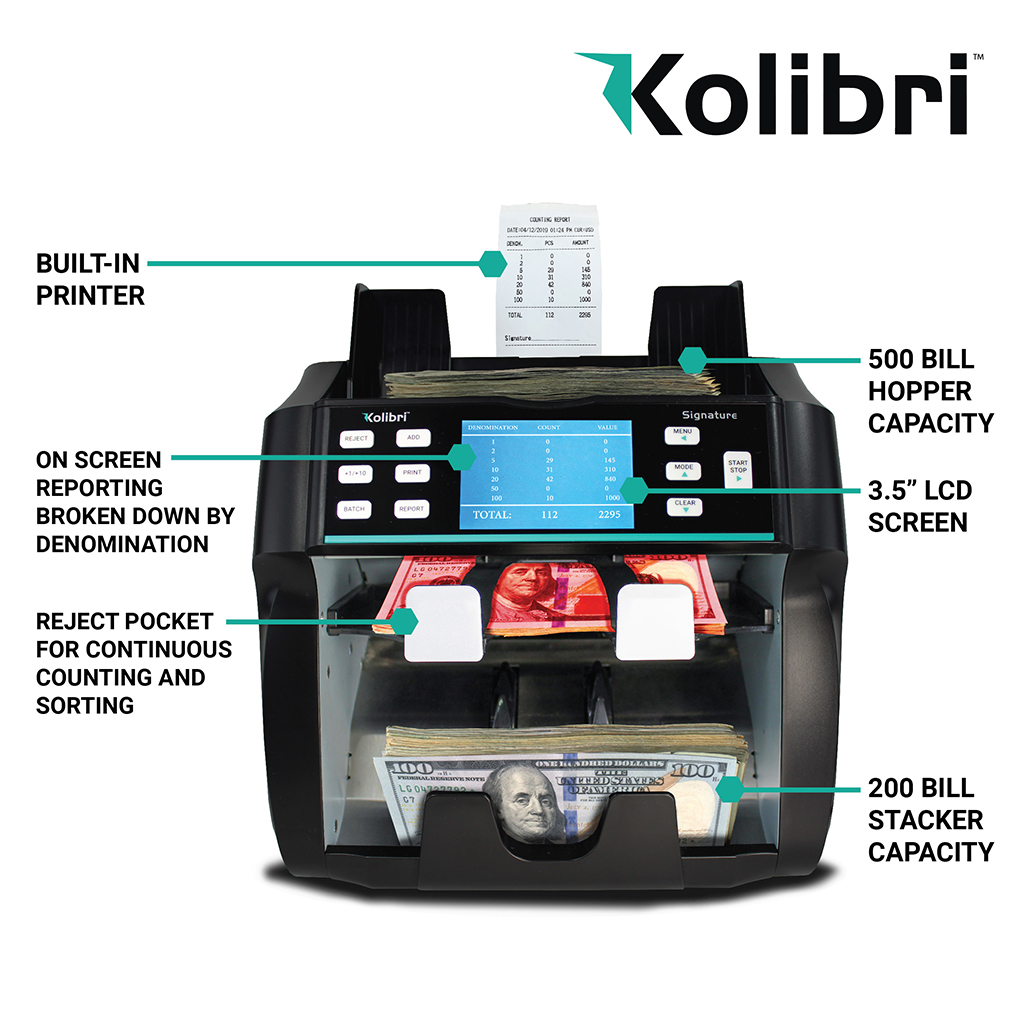 Kolibri Signature - two-pocket, bank grade mixed bill counter, sorter and reader