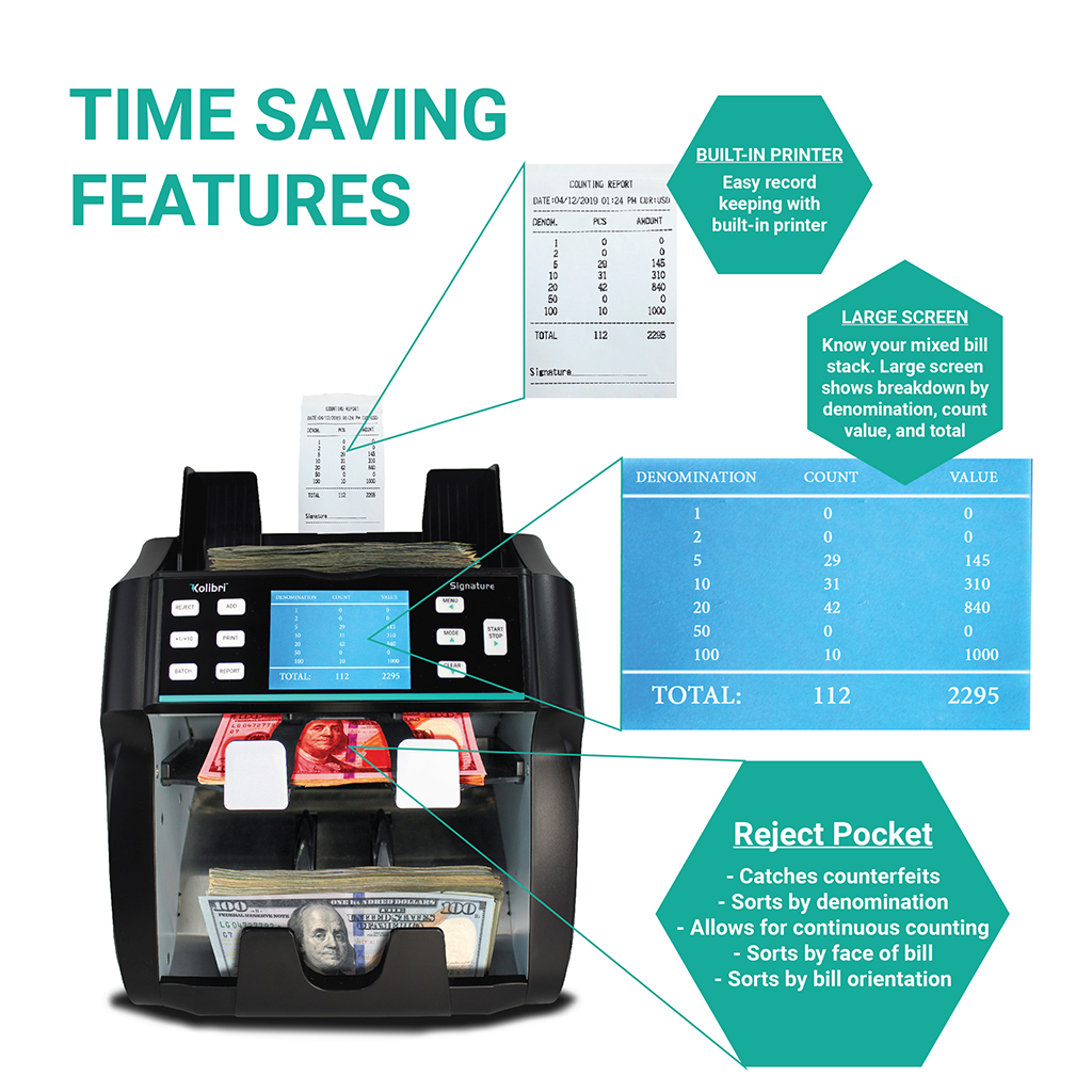 Kolibri Signature - two-pocket, bank grade mixed bill counter, sorter and reader